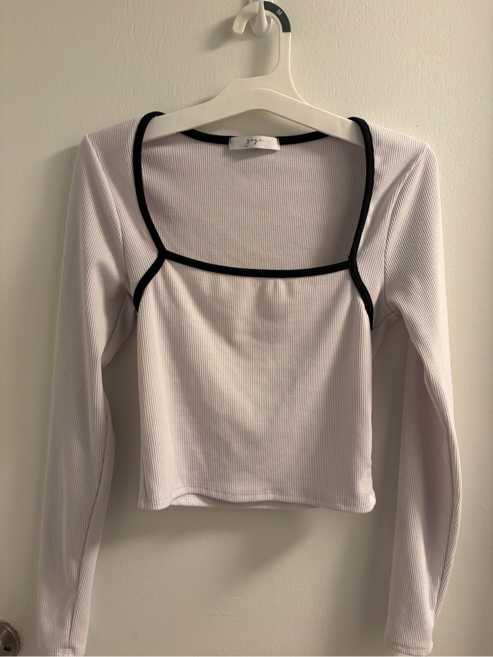 Gaze White Ribbed Contrast Trim Long Sleeve Bustier Crop Top Size S